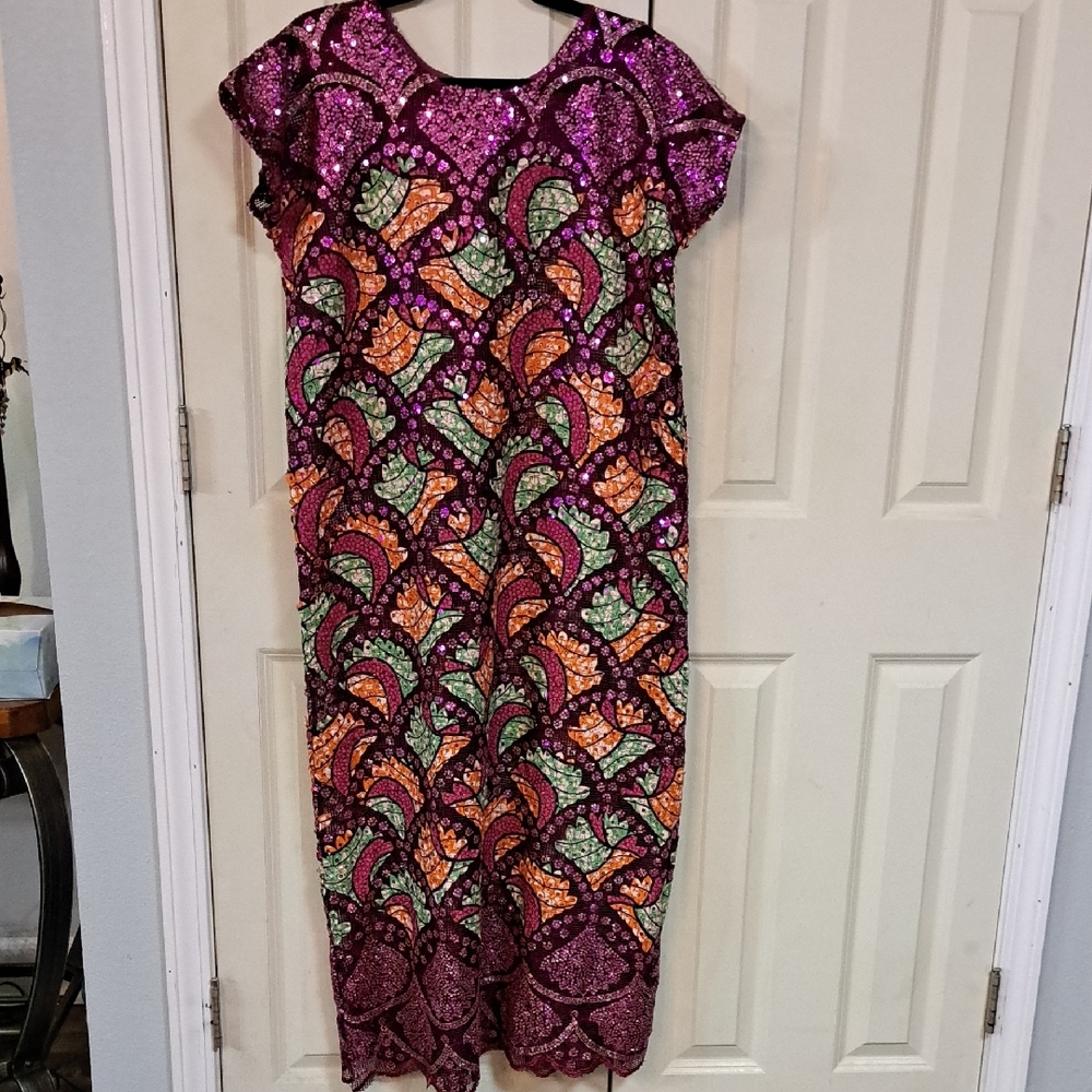 AFRICAN TULLE LACE DRESS Purple and Orange Patterned Dress - Picture 3 of 5